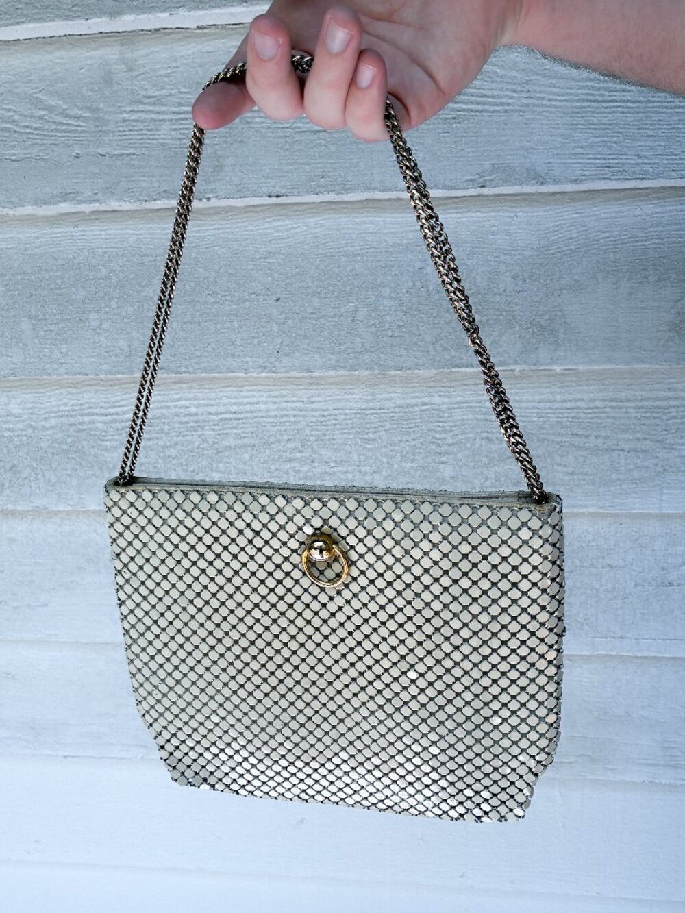 Lyrella Cream Alumesh Evening Bag White Metal Mesh Purse with Chain Strap